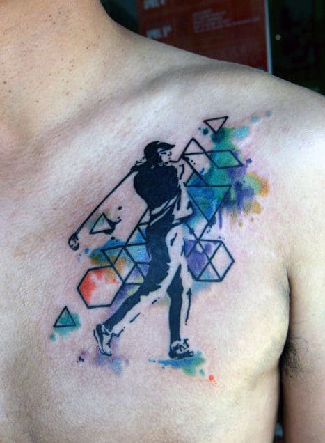 Brilliant Hexagonal Patterns And Golfer Tattoo Male Chest