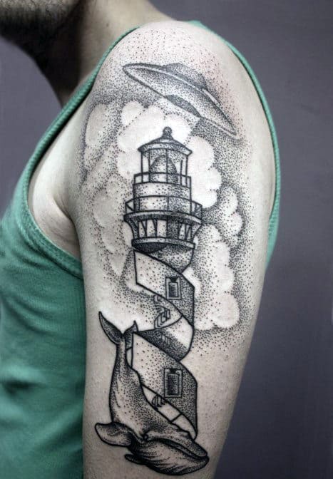 Brilliant Pencil Dot Work Tattoo Of Ufo Over Tall Tower Male Arms