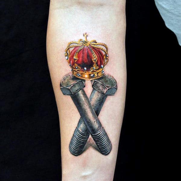 Brilliant Red Crown And Grey Bolts Tattoo On Forearms For Guys