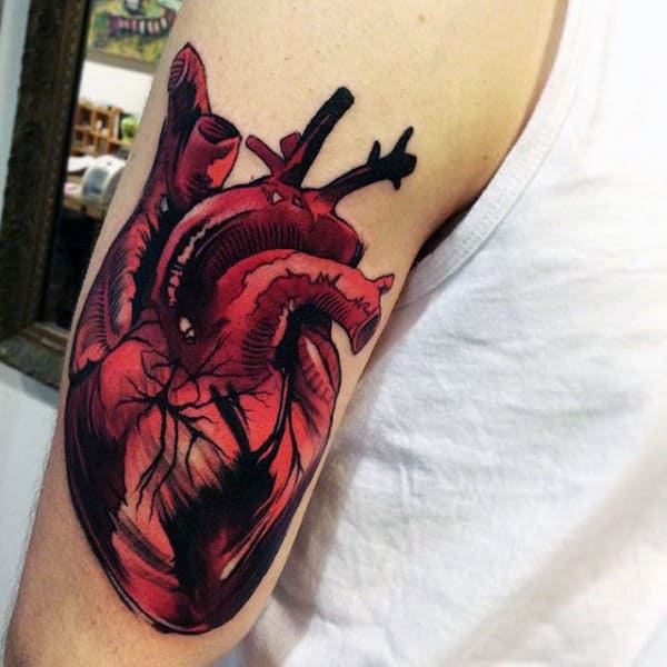 Brilliant Red Heart Tattoo On Arms For Males