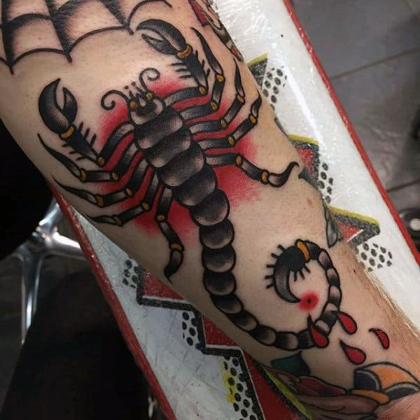 Brilliant Red Scorpio Tattoo On Forearms Guys