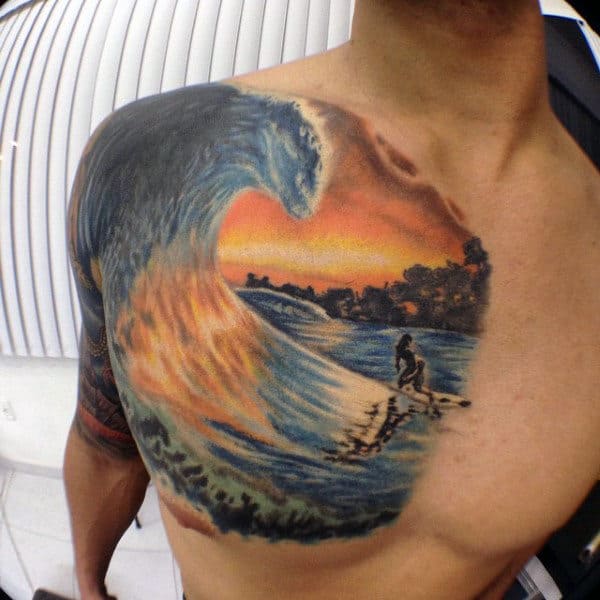 Brilliant Water And Surf Tattoo Mens Chest
