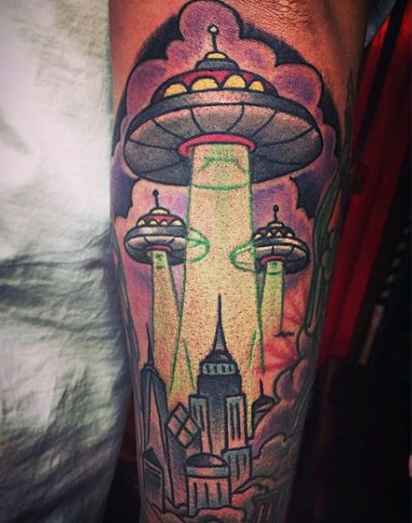 Brilliant Yellow Light Ufo Tattoo Guys Forearms