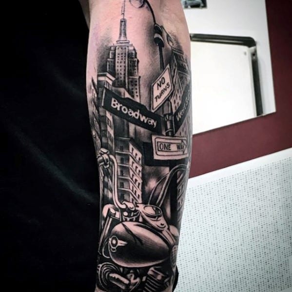 Broadway Street Signs With Skyline Guys Forearm Sleeve Tattoo