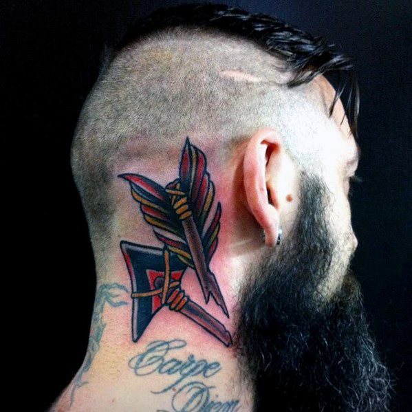 Bold broken arrow tattoo on the neck with red and black shading, featuring clean lines and a traditional style with wrapped cord detail.