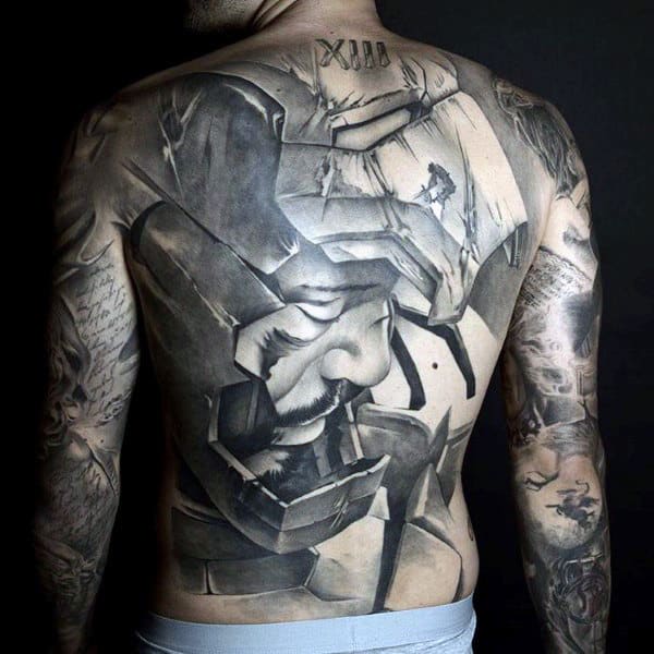 Broken Cracked Grey Warrior With Helmet Tattoo Male Full Back