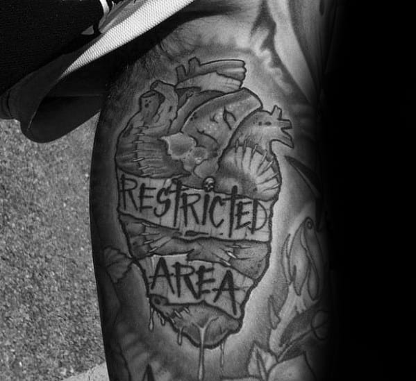 Broken Heart Restricted Area Banner Inner Arm Bicep Guys Tattoo Ideas