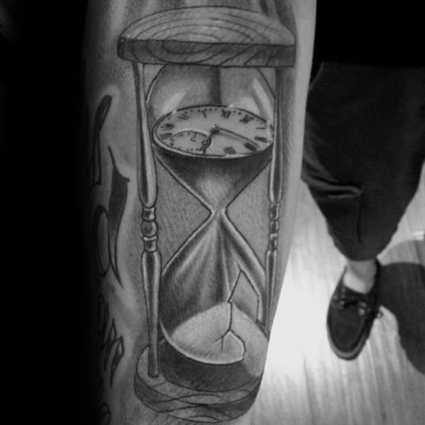 Broken Hourglass With Sand And Clock Guys Inner Forearm Tattoo