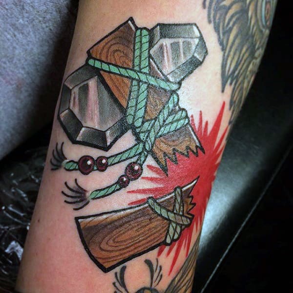 Broken Snapped Wood Tomahawk With Teal Rope Cord And Stone Axe Head Tattoo For Men