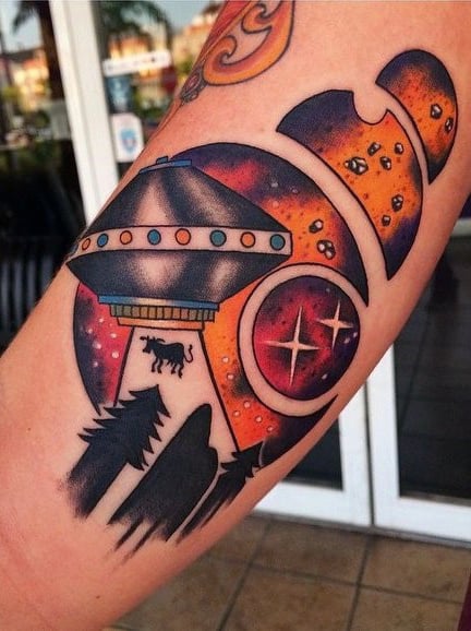 Bronze Colored Amazing Ufo And Cow Tattoo Mens Forearms