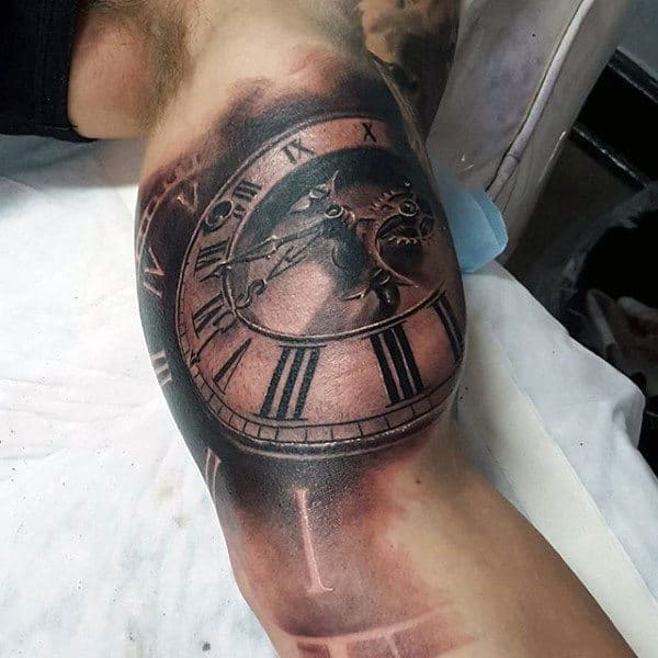 Bronze Shaded Pocket Watch Tattoos On Upper Arms Males