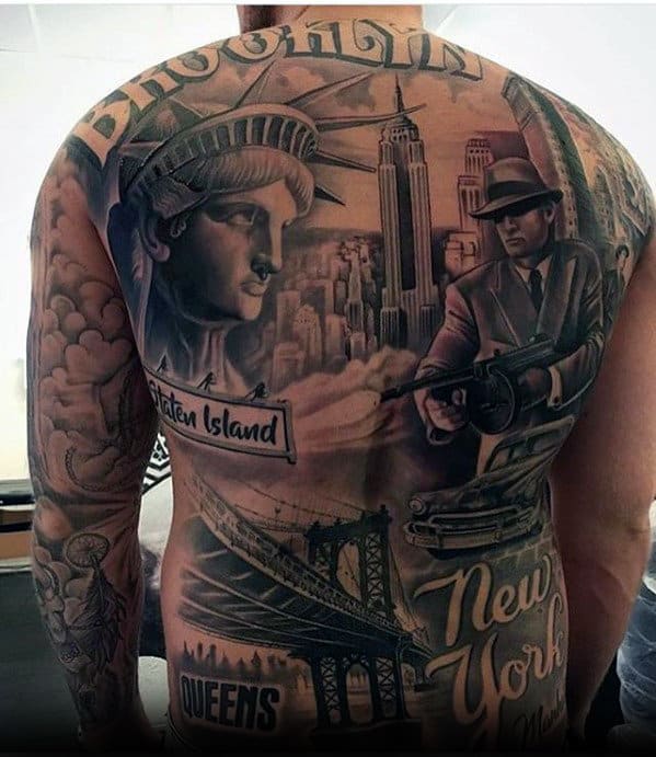 Brooklyn New York Themed Mens Badass Back Tattoos