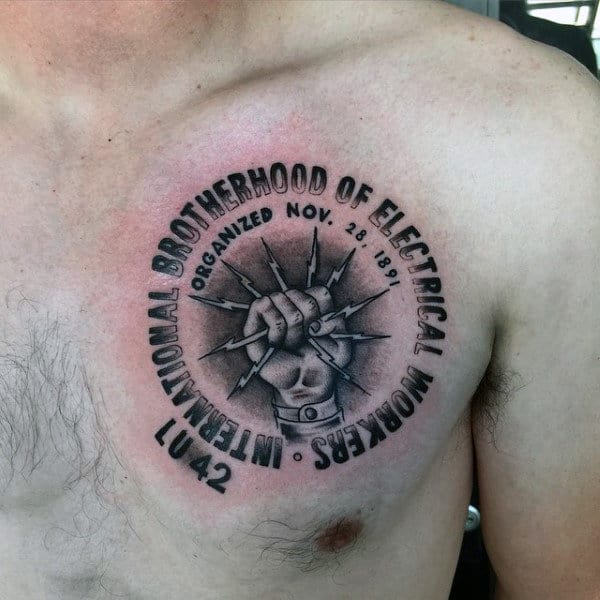 Brotherhood Of Electrical Workers Lineman Mens Upper Chest Tattoos