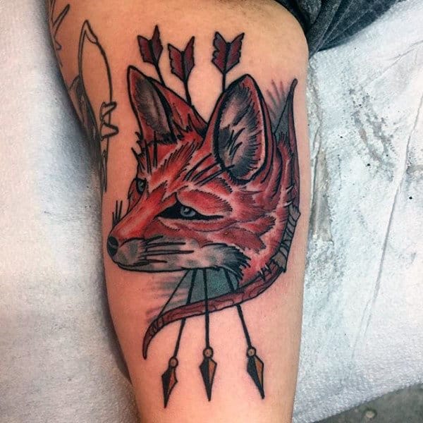 Brown Fox With Three Piercing Arrows Tattoo Male Arms
