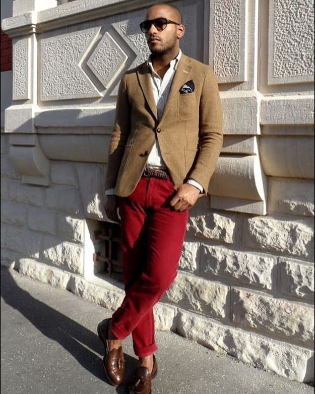 Brown Jacket Red Pants Mens Wear
