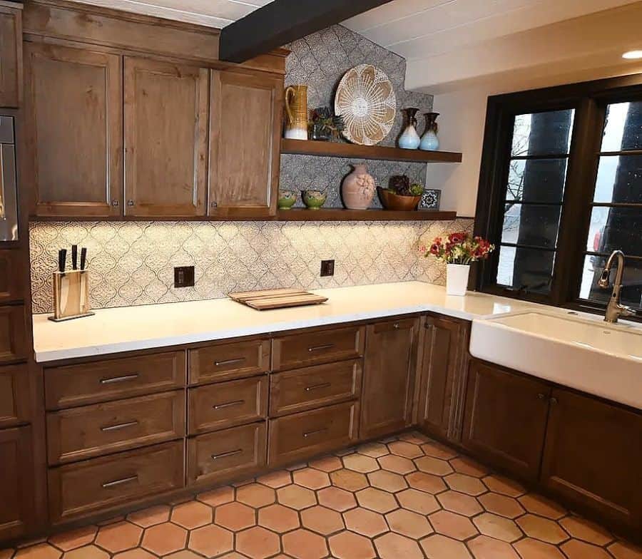 wood cabinet kitchen brown hexagonal floor tiles