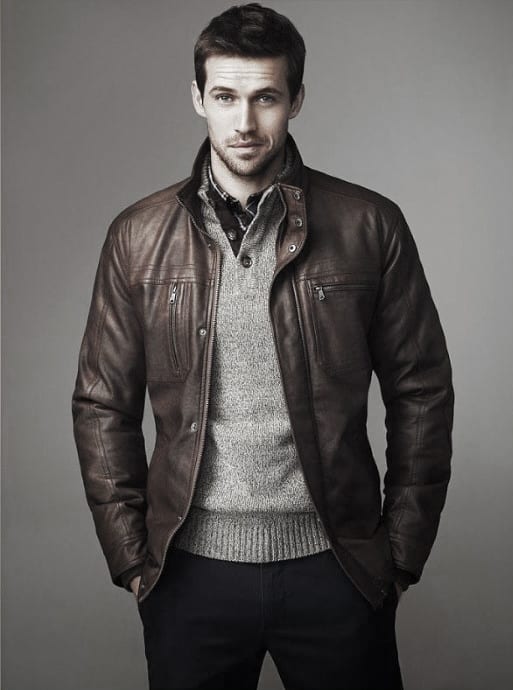 Brown Leather Jacket Grey Sweater Handsome Winter Outfits Style Ideas For Guys
