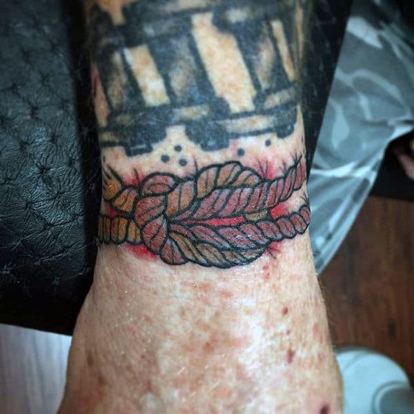 Brown Rope With Red Ink Mens Knot Wristband Tattoo
