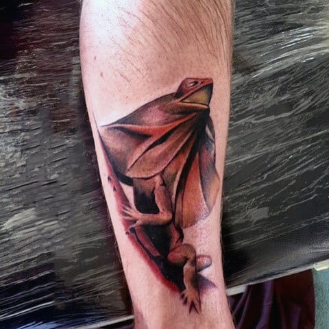 Brownish Iguana Tattoo On Forearms For Guys