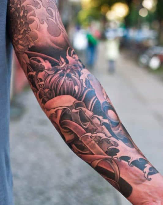 Brownish Japanese Sleeve Tattoo For Males