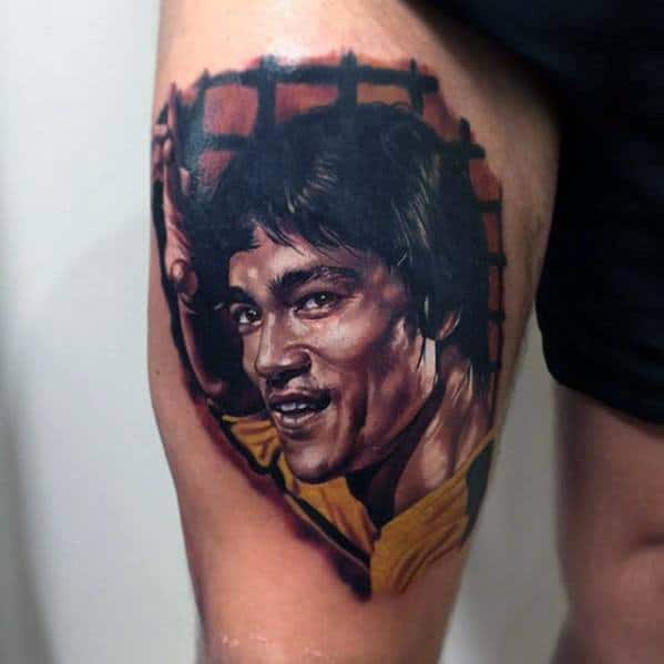 Bruce Lee Tattoo Designs For Guys On Thigh Of Leg
