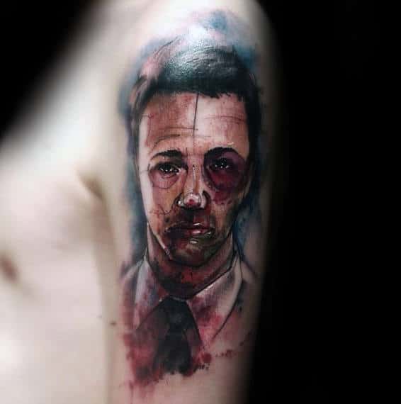 Bruised Up Tyle Durden Fight Club Mens Upper Arm Tattoo With Watercolor Design