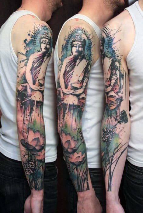 Buddha And Lotus Full Sleeved Tattoo For Men