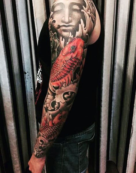Buddha And Orange Fish Tattoo Sleeves For Men