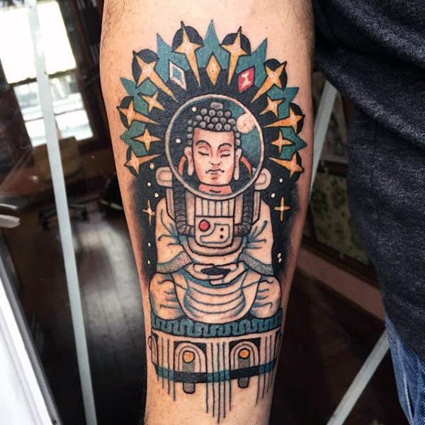 Buddha In Space Tattto On Arms For Guys