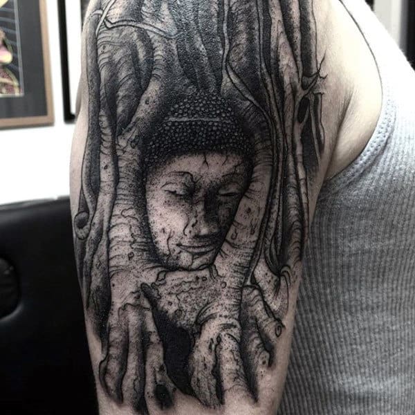 Buddha Mens Tree Roots Shaded Arm Tattoo