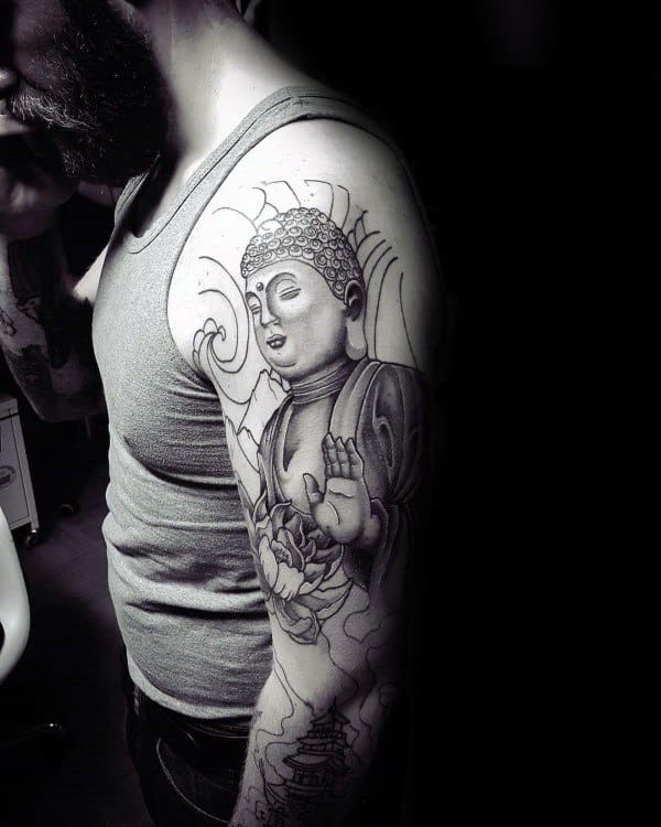 Buddha Mens Upper Arm Lotus Flower Tattoo