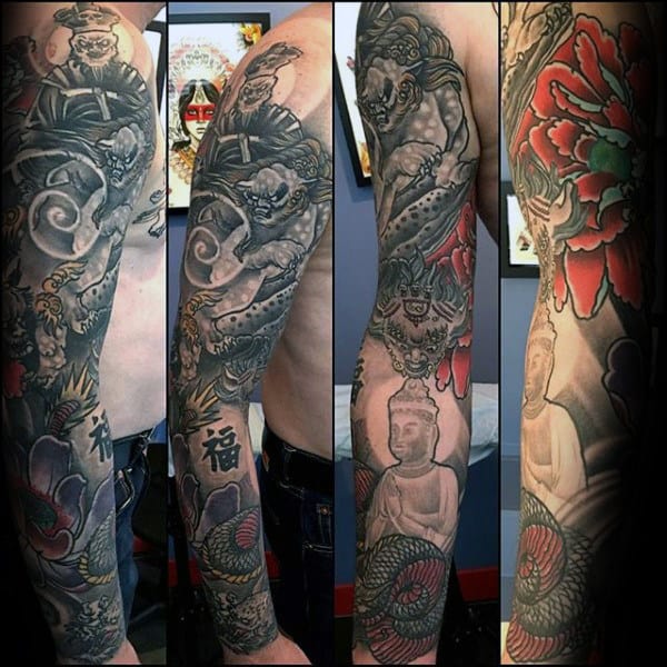 Buddha Peony Chinese Mens Sleeve Tattoo Ideas