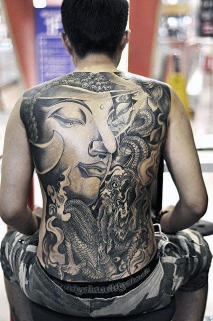Buddha With Fire And Snakes Tattoo Full Back For Men