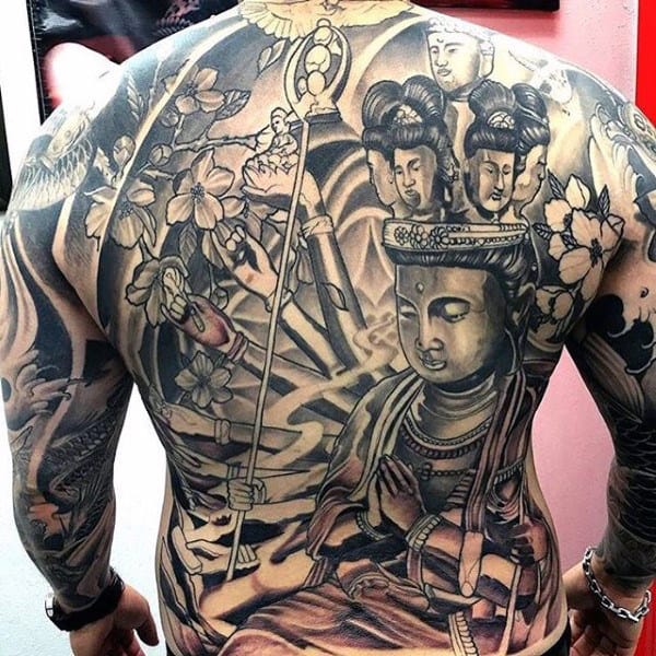 Buddhist Culture Tattoo On Full Back For Males