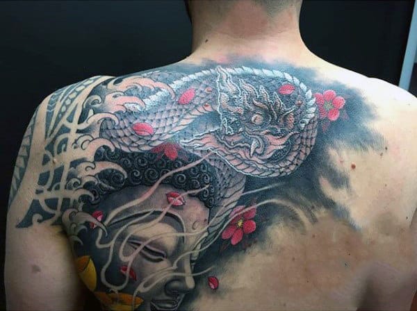 Buddhist Mens Dragon Upper Back Tattoo