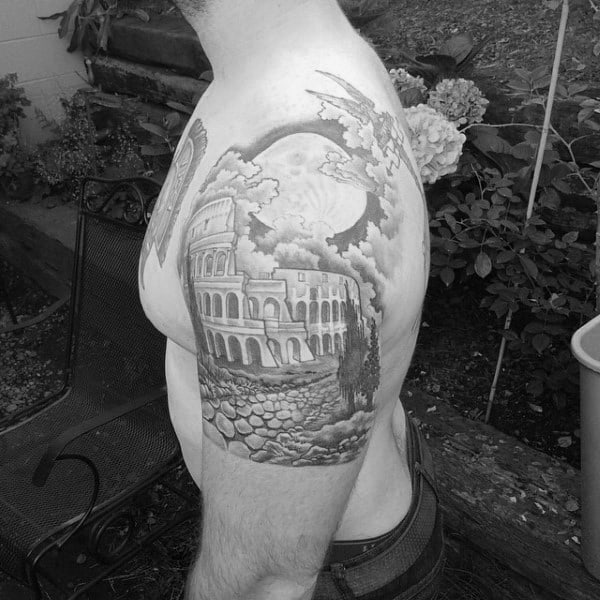 Building And Full Moon Tattoo Mens Quarter Sleeve