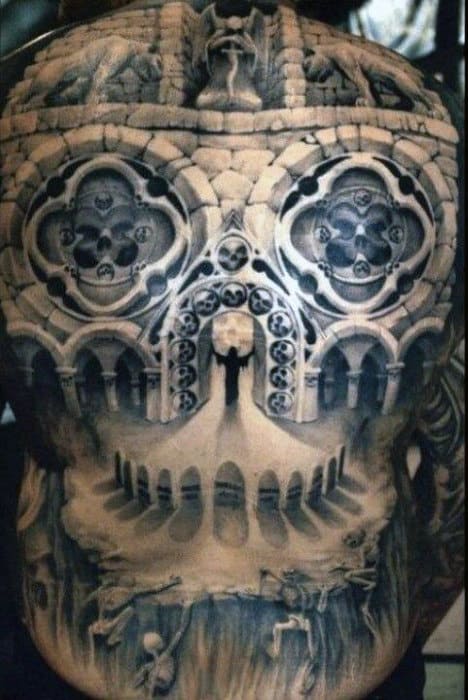Building Architecture Optical Illusion Skull Face Design On Mans Back