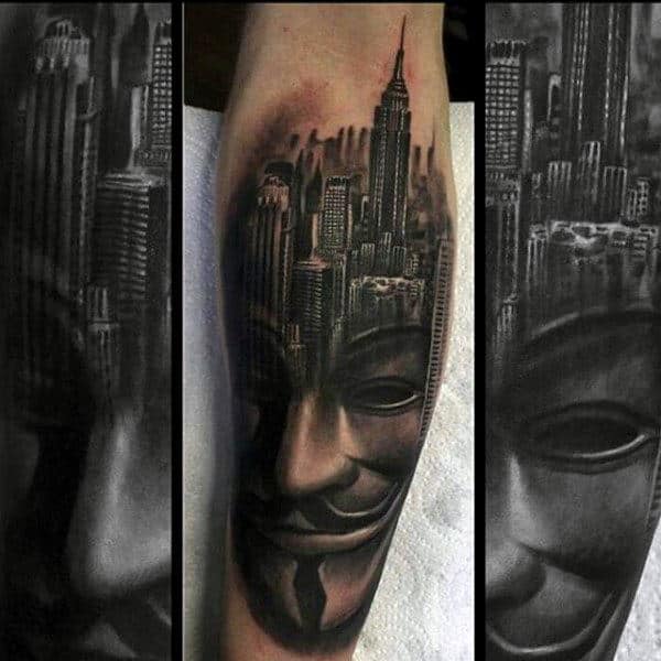 Building Mask Mens Back Of Leg Tattoos