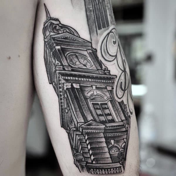 Building With Clock Mens Tricep Tattoo Designs