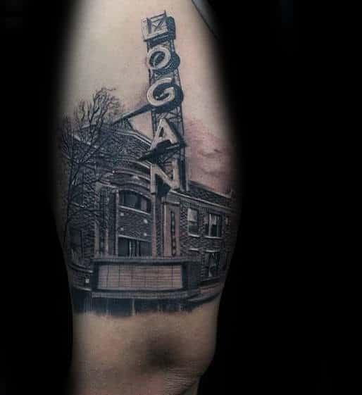 Building With Sign Detailed Mens Thigh Tattoo Ideas