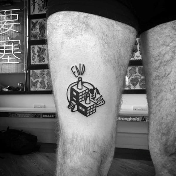 Building With Skull Guys Simple Thigh Tattoos