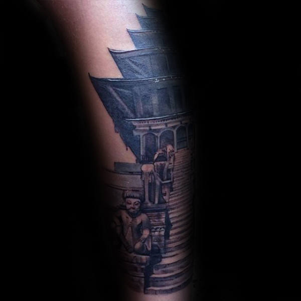 Building With Stairs Mens Forearm Tattoo