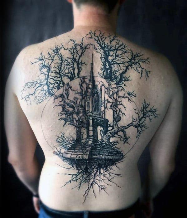 Building With Tree Of Life Mens Full Back Tattoos