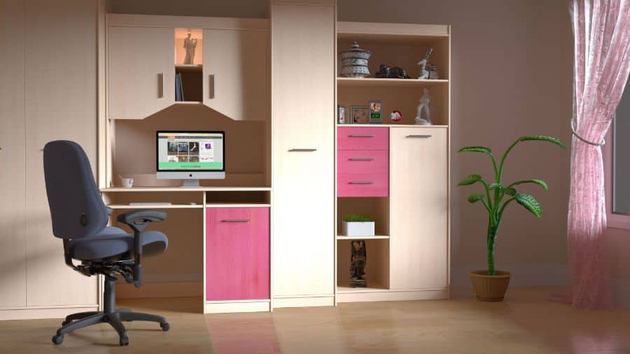 Bedroom office setup with built-in desk, wardrobe storage, and bright pink accents.