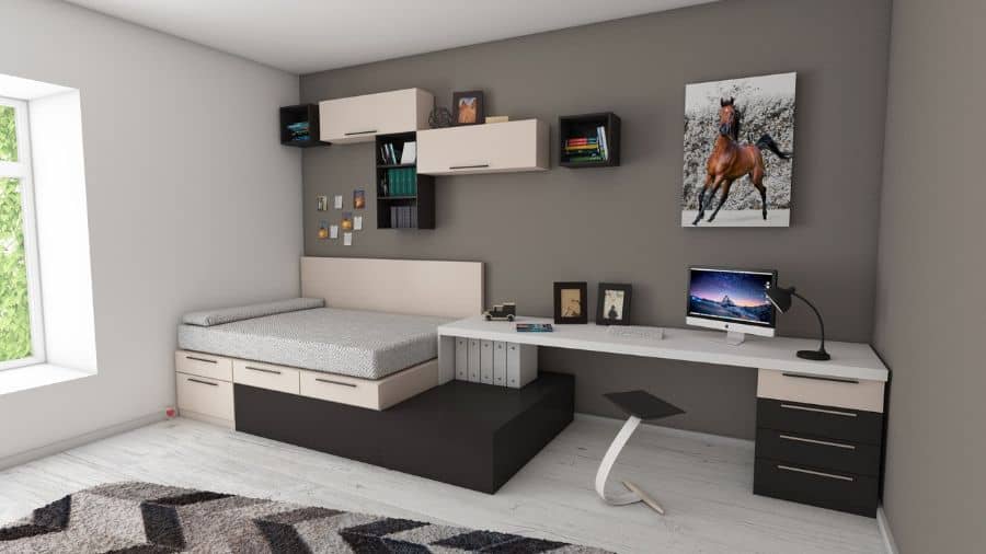 Contemporary bedroom with built-in desk, shelving, and horse poster wall art.