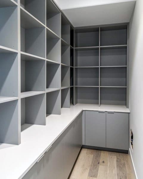 Minimalist pantry with built-in gray shelves and cabinets for ample storage.