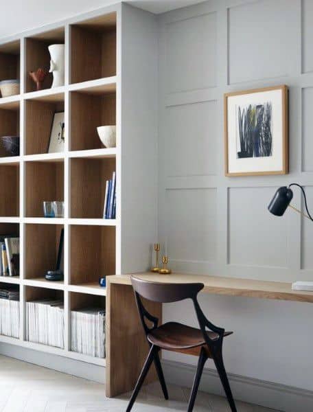 Minimalist study nook with a wooden desk, chair, built-in shelves, books, and modern art on a paneled wall