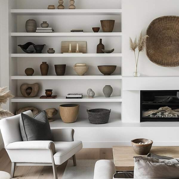 Minimalist living room with white built-in shelves, earthy decor, and a modern fireplace.
