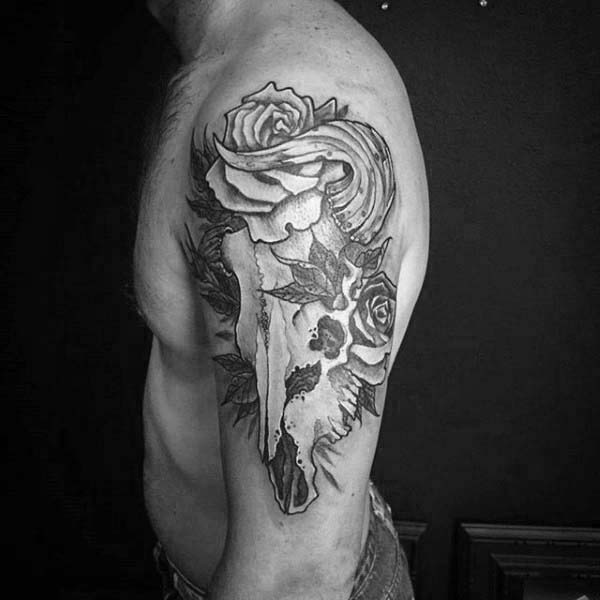 Bull Skull Rose Flowers Male Upper Arm Tattoos