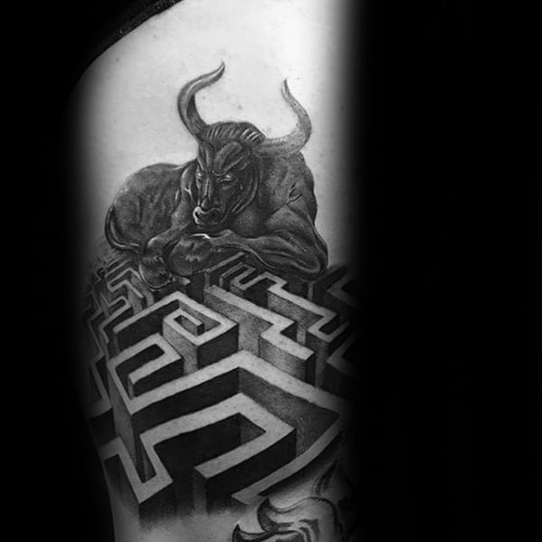 Bull With Maze 3d Arm Mens Tattoo Ideas